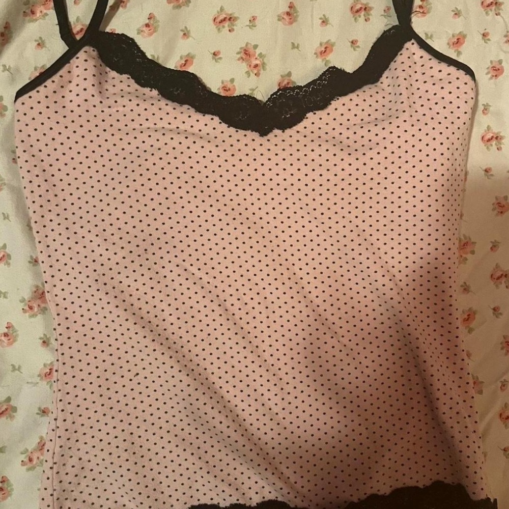 Pink Polka Dot Cami with Black Lace Trim